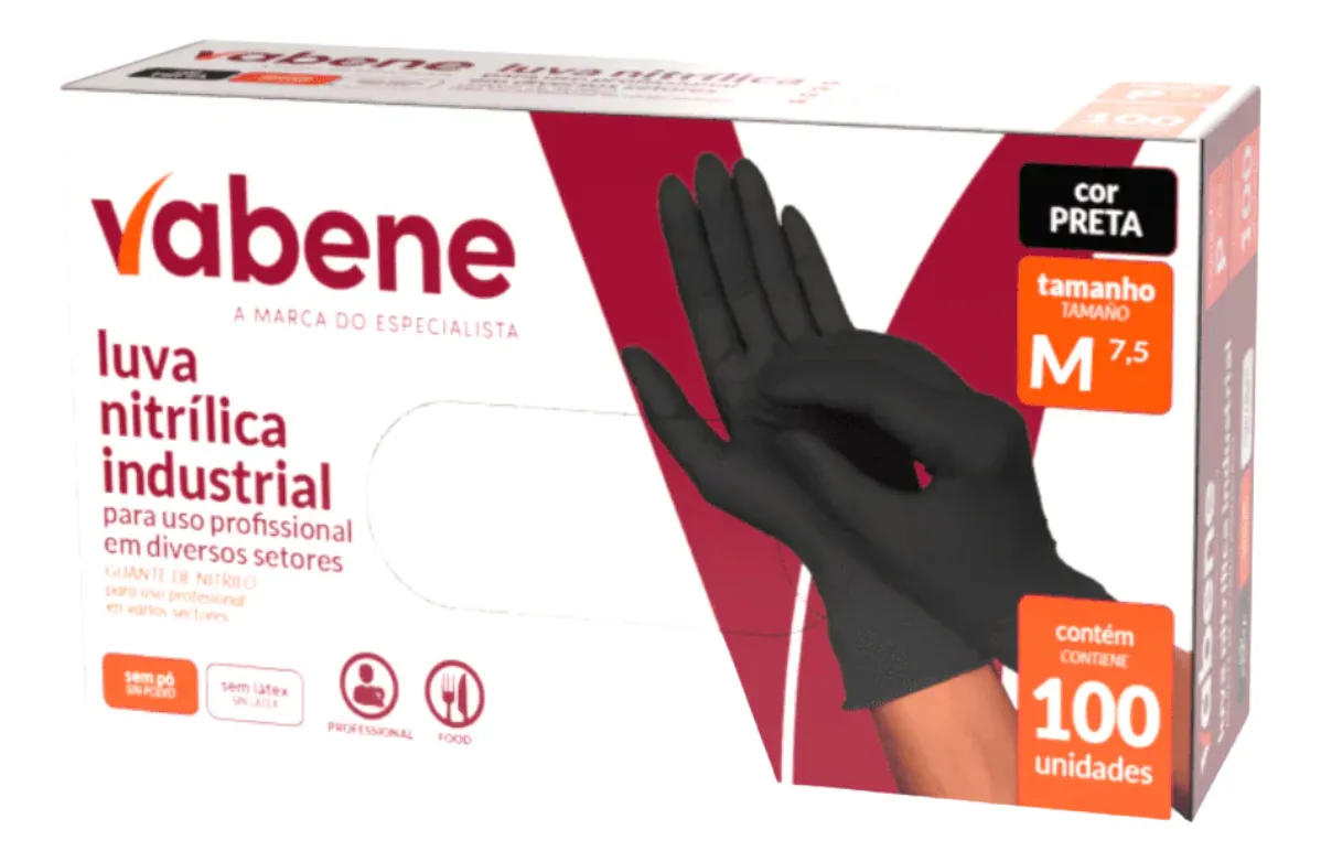 LUVA NITRILICA PROTECAO INDUSTRIAL PRETA M 100UN VABENE